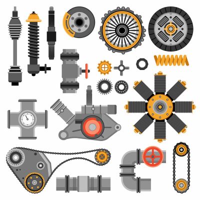 Machinery parts set with different industrial and technical elements on white background isolated vector illustration